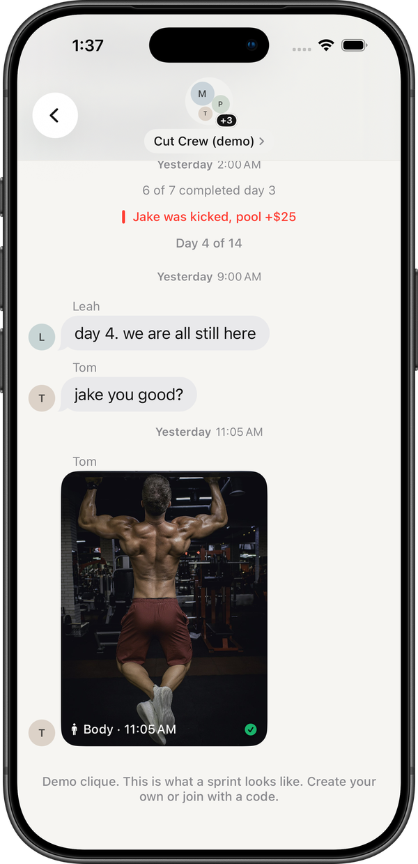 A FitClique chat with a plate, a body photo and a kick