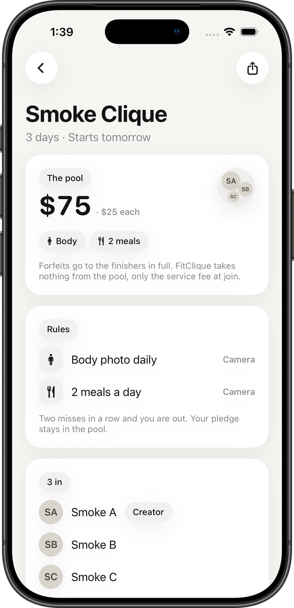 A Clique page with the pool, the rules and the pledge button